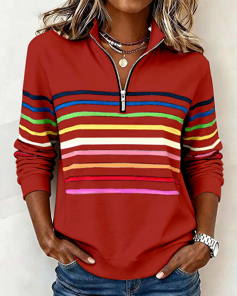 Women's Knit Pullover with Quarter Zip and Striped Bands