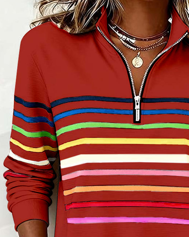 Women's Knit Pullover with Quarter Zip and Striped Bands