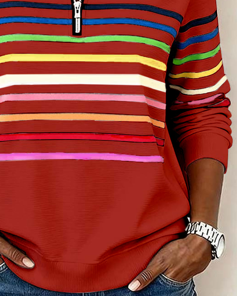 Women's Knit Pullover with Quarter Zip and Striped Bands
