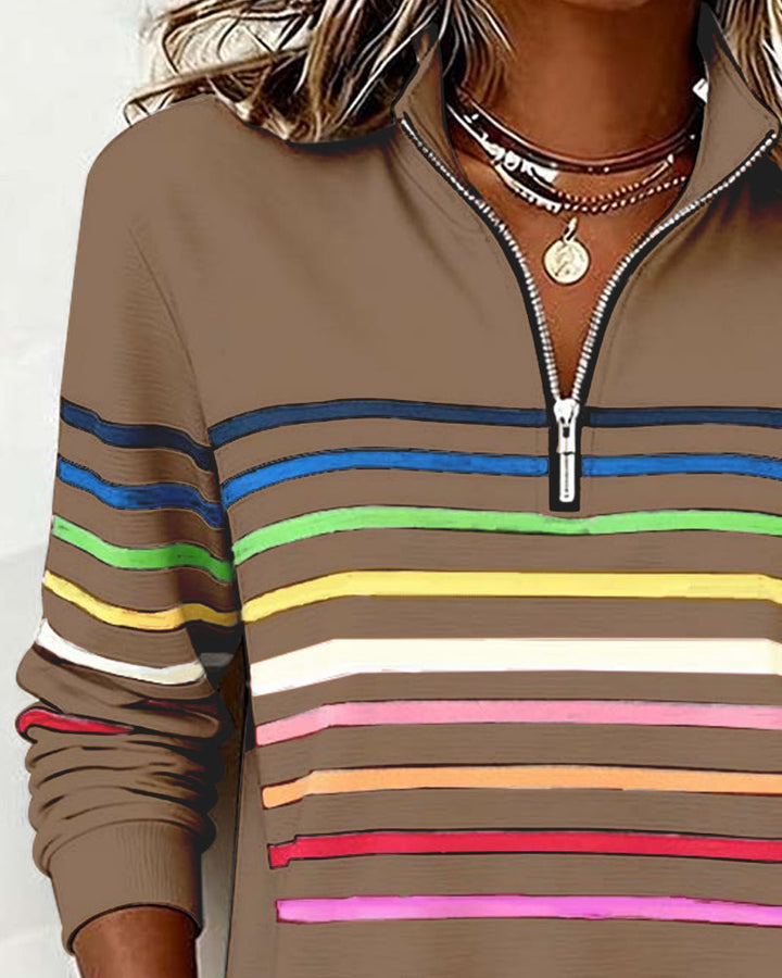 Women's Knit Pullover with Quarter Zip and Striped Bands