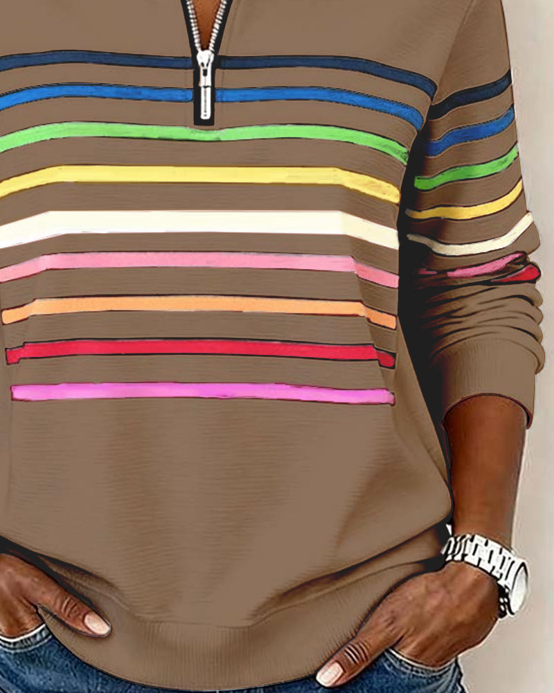 Women's Knit Pullover with Quarter Zip and Striped Bands