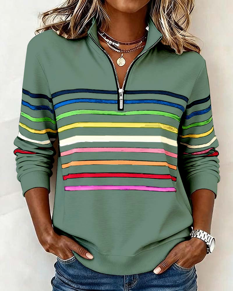 Women's Knit Pullover with Quarter Zip and Striped Bands