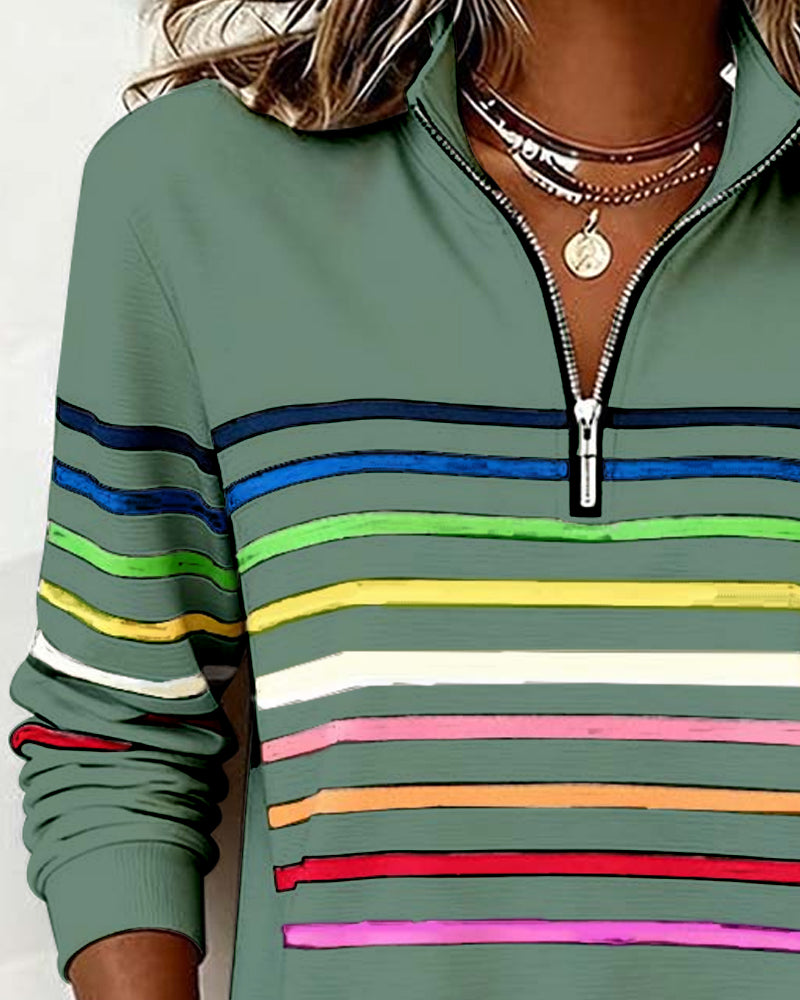 Women's Knit Pullover with Quarter Zip and Striped Bands