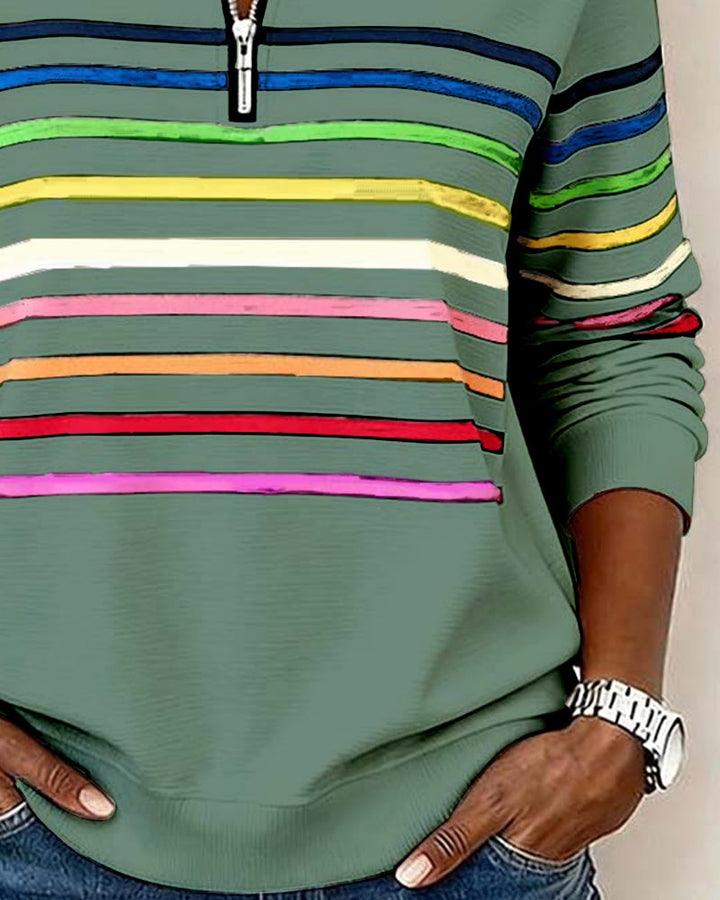 Women's Knit Pullover with Quarter Zip and Striped Bands