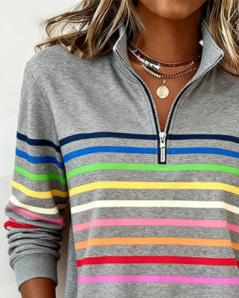 Women's Knit Pullover with Quarter Zip and Striped Bands