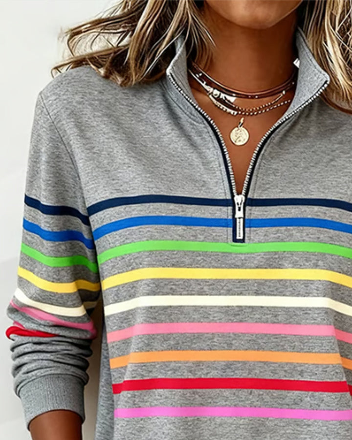 Women's Knit Pullover with Quarter Zip and Striped Bands