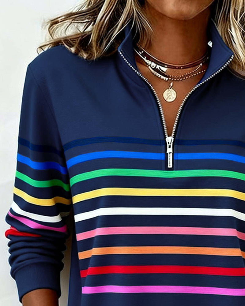 Women's Knit Pullover with Quarter Zip and Striped Bands