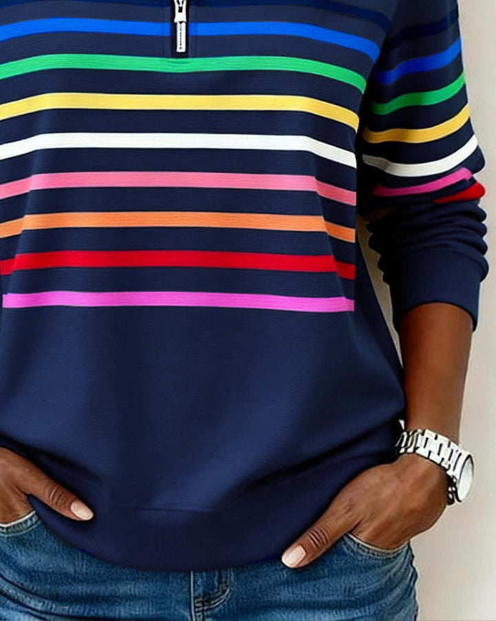 Women's Knit Pullover with Quarter Zip and Striped Bands
