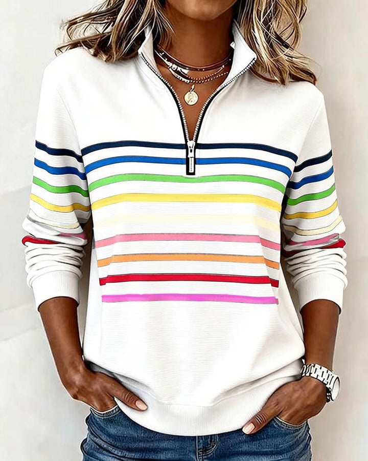 Women's Knit Pullover with Quarter Zip and Striped Bands