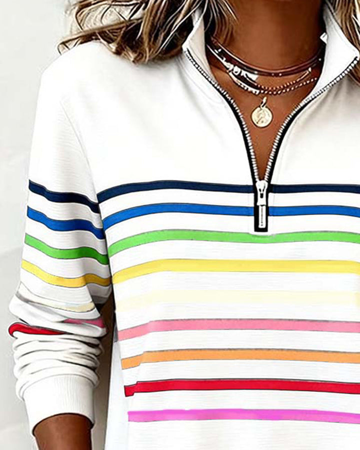 Women's Knit Pullover with Quarter Zip and Striped Bands