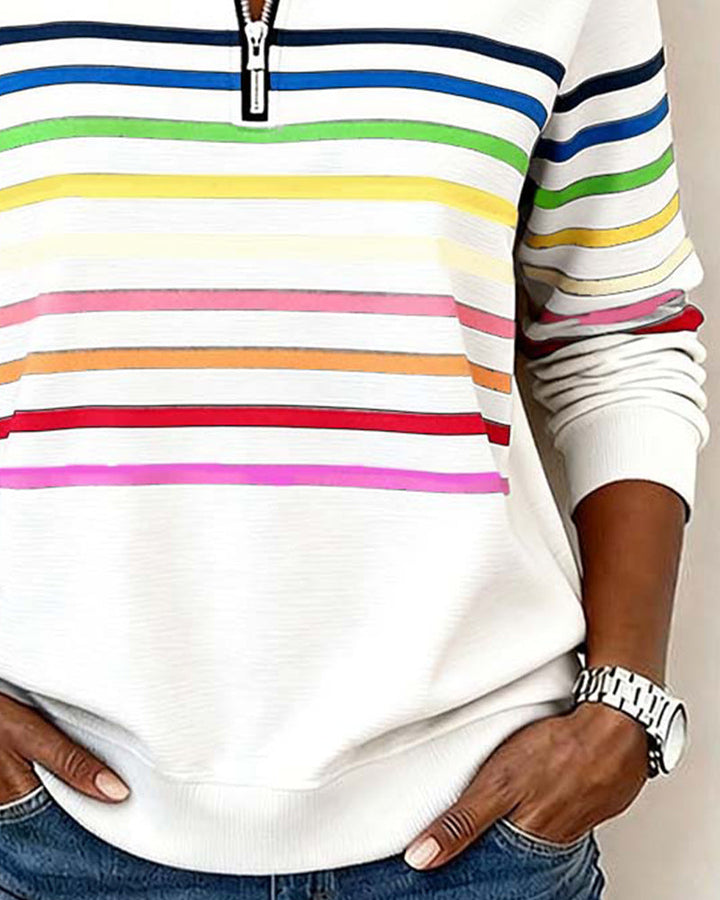 Women's Knit Pullover with Quarter Zip and Striped Bands