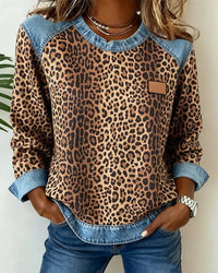Sienna | Women's Leopard Print Denim Patchwork Long Sleeve Sweater