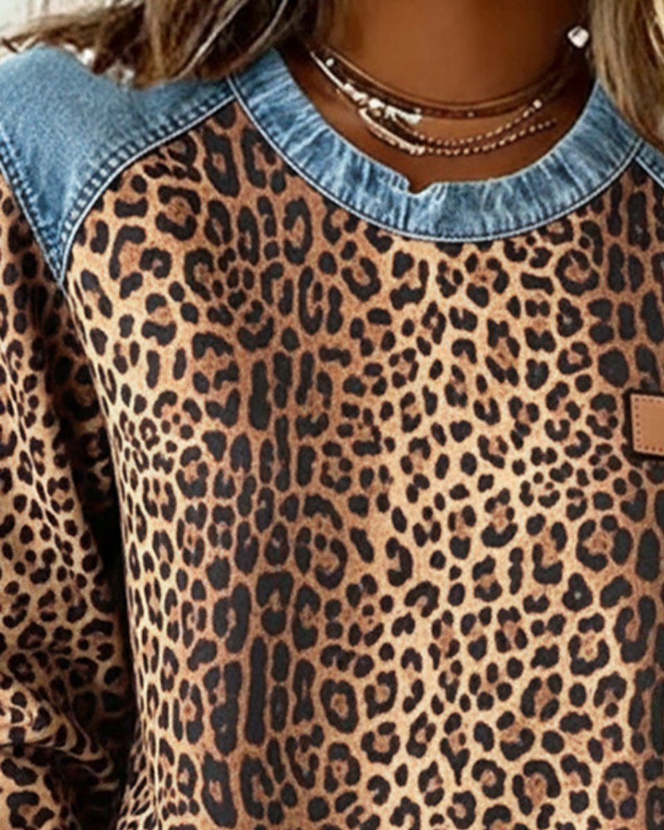 Sienna | Women's Leopard Print Denim Patchwork Long Sleeve Sweater