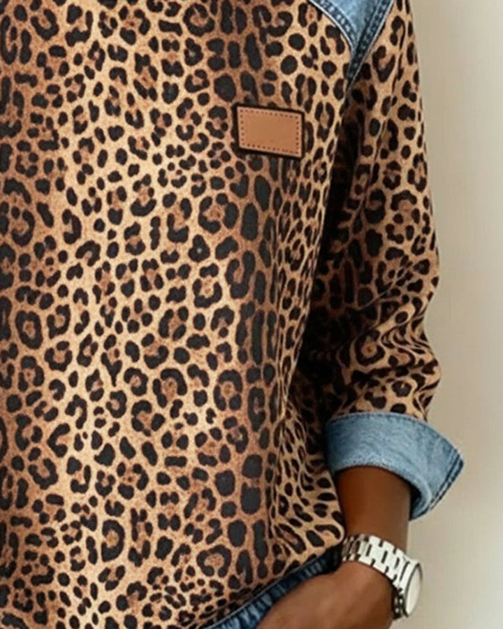 Sienna | Women's Leopard Print Denim Patchwork Long Sleeve Sweater