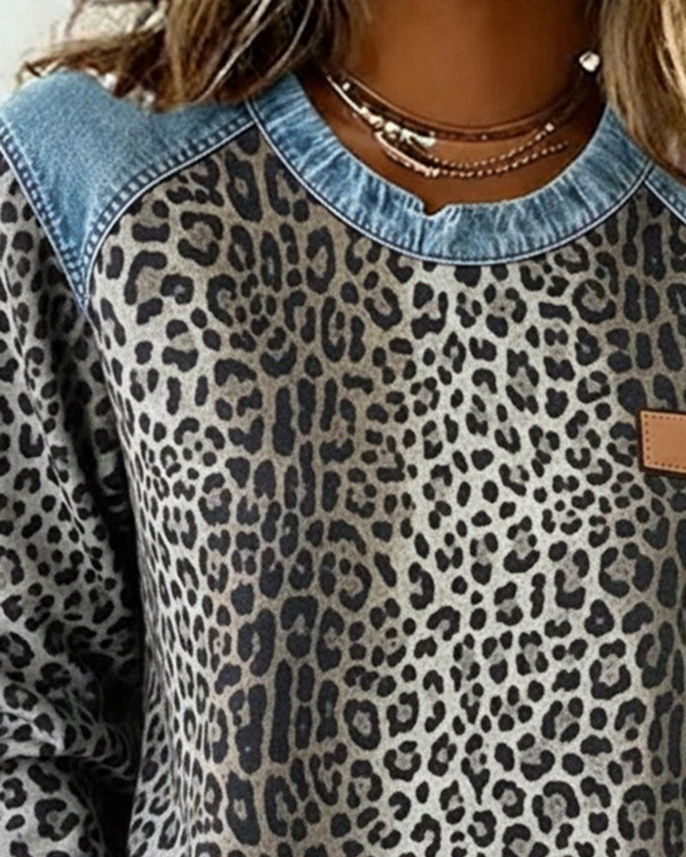 Sienna | Women's Leopard Print Denim Patchwork Long Sleeve Sweater