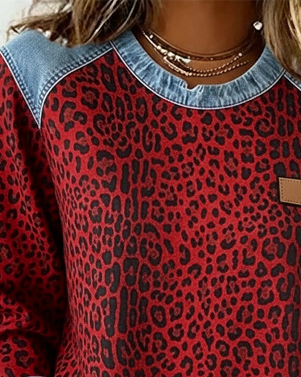 Sienna | Women's Leopard Print Denim Patchwork Long Sleeve Sweater