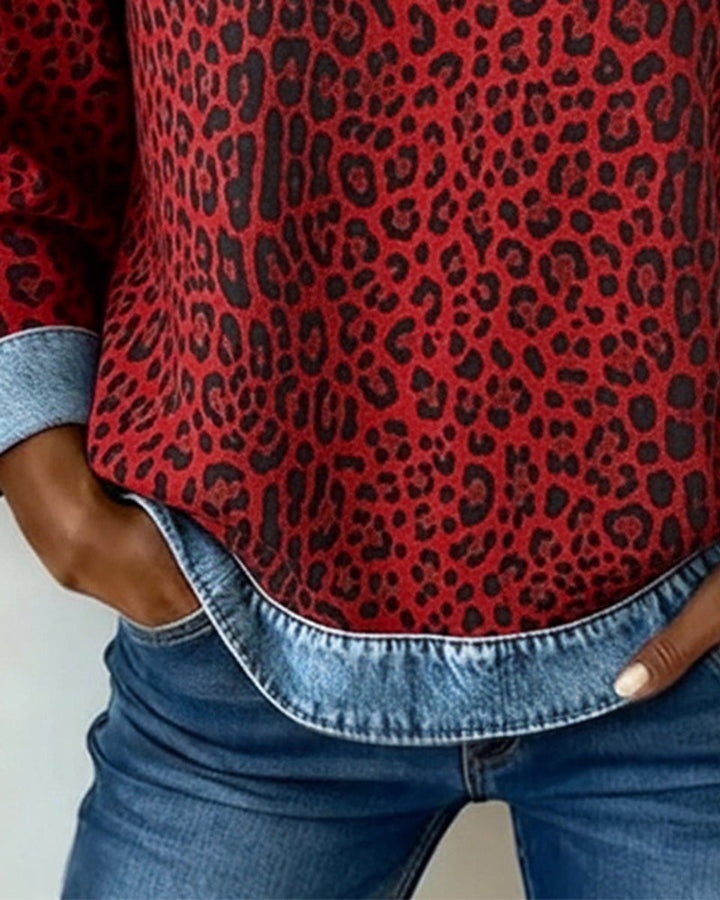 Sienna | Women's Leopard Print Denim Patchwork Long Sleeve Sweater