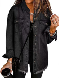Olivia | Women's Oversized Black Denim Jacket Longline Frayed Hem
