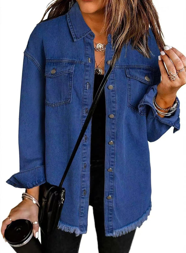 Olivia | Women's Oversized Black Denim Jacket Longline Frayed Hem