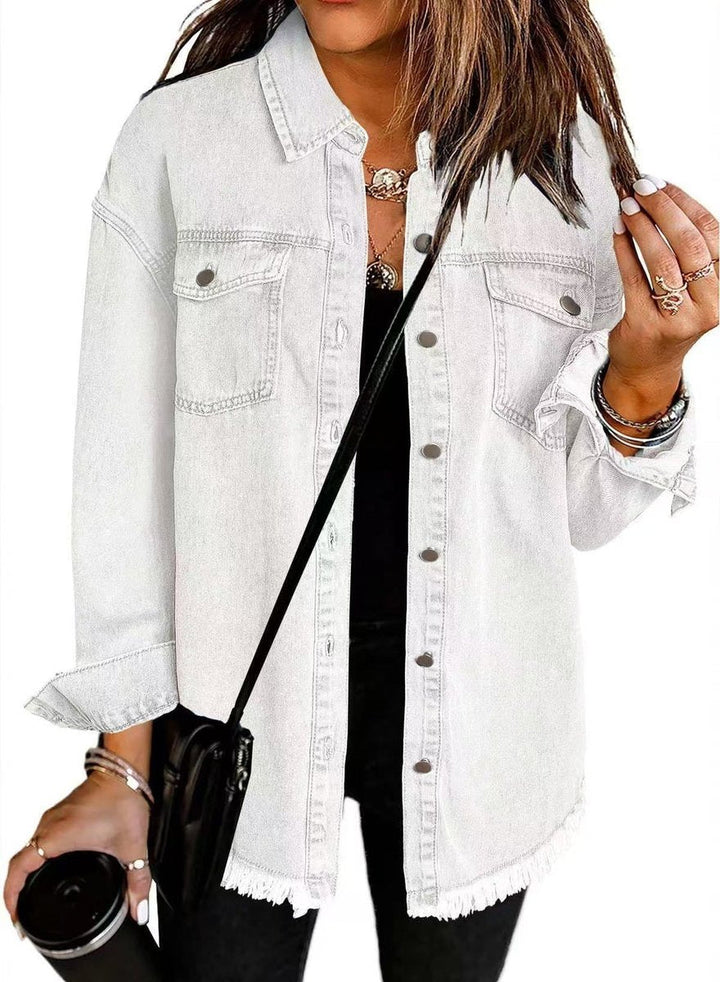 Olivia | Women's Oversized Black Denim Jacket Longline Frayed Hem