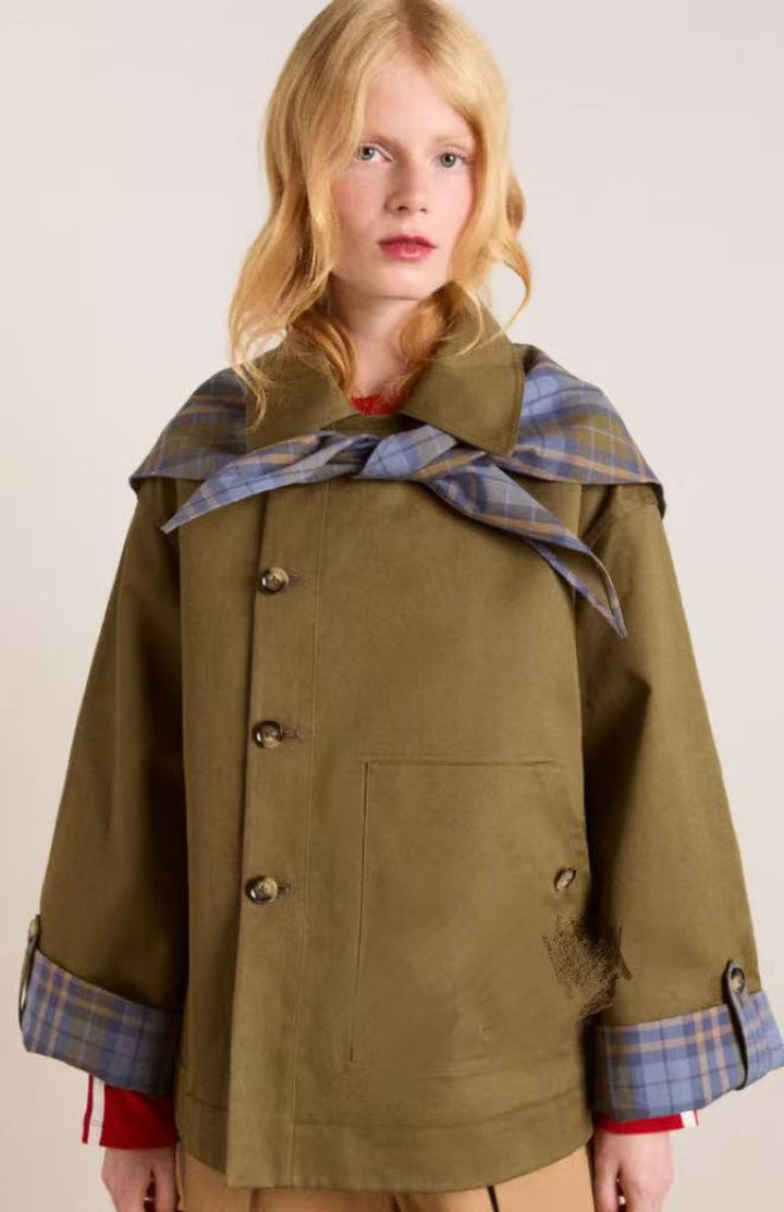 Isla | Women's Oversized Double-Breasted Trench Coat Tartan-Lined Collar