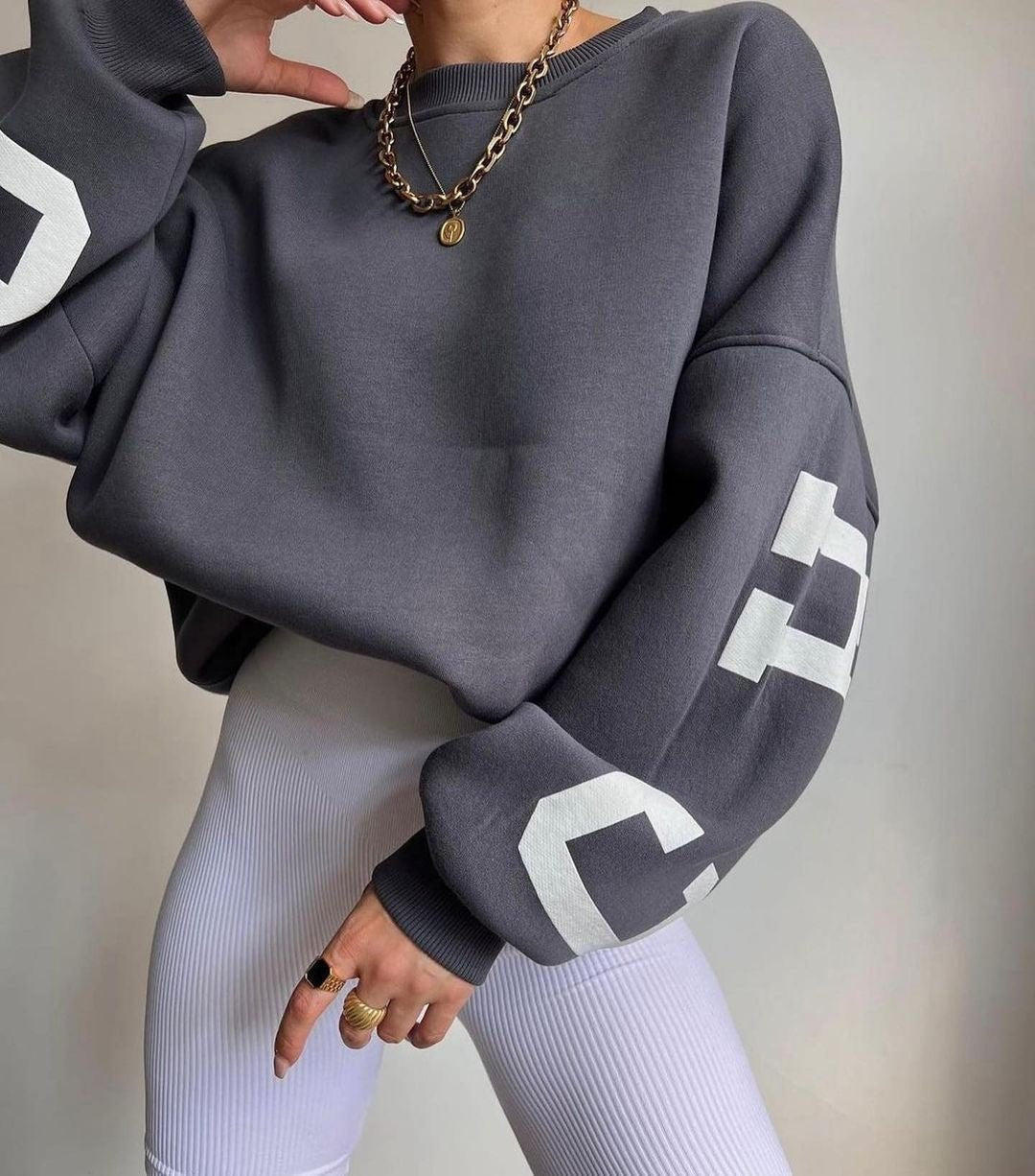 Isla | Women's Oversized Fleece-Lined Varsity Sleeve Crewneck Jumper