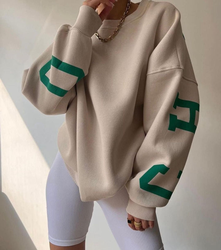 Isla | Women's Oversized Fleece-Lined Varsity Sleeve Crewneck Jumper
