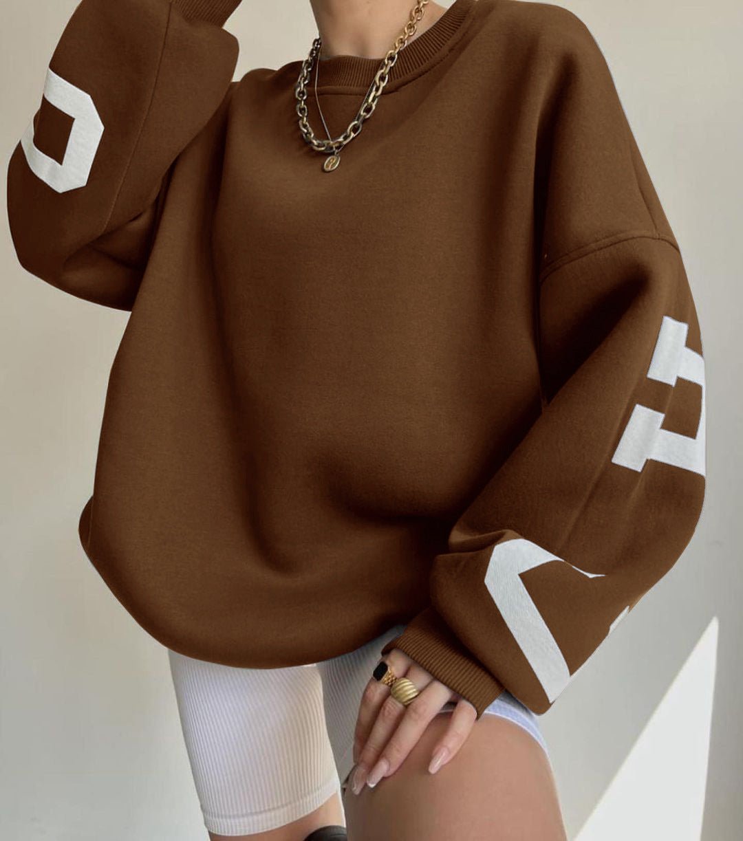 Isla | Women's Oversized Fleece-Lined Varsity Sleeve Crewneck Jumper