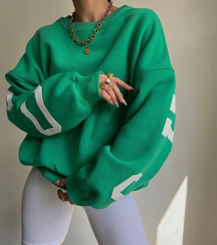 Isla | Women's Oversized Fleece-Lined Varsity Sleeve Crewneck Jumper
