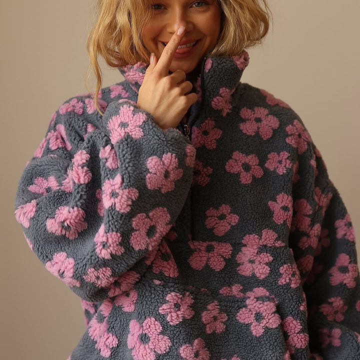 Grace | Women's Oversized Floral Teddy Fleece Half-Zip Jumper