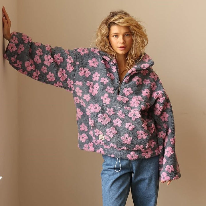 Grace | Women's Oversized Floral Teddy Fleece Half-Zip Jumper