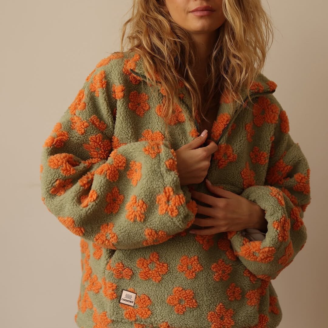 Grace | Women's Oversized Floral Teddy Fleece Half-Zip Jumper