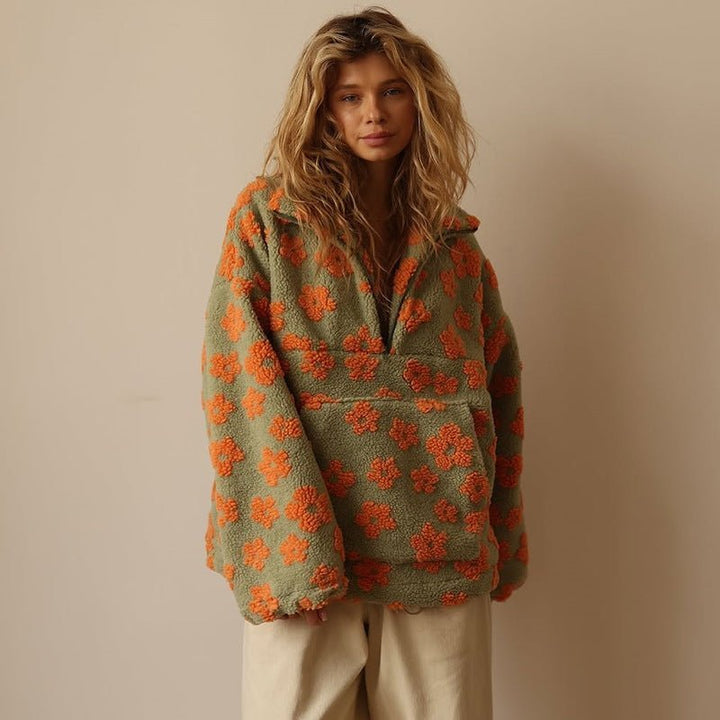 Grace | Women's Oversized Floral Teddy Fleece Half-Zip Jumper
