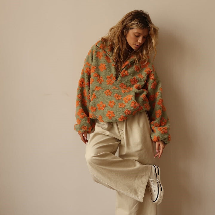 Grace | Women's Oversized Floral Teddy Fleece Half-Zip Jumper