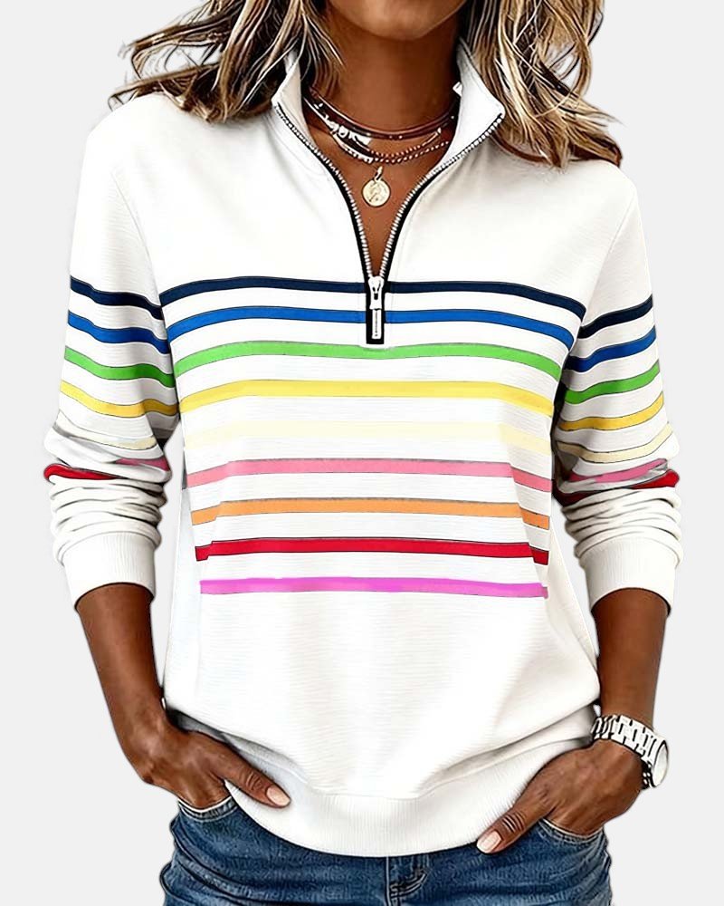 Rosie | Women's Quarter Zip Jumper Striped Rainbow Relaxed Fit
