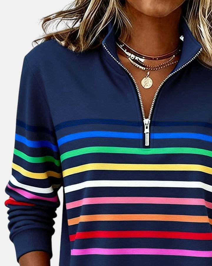 Rosie | Women's Quarter Zip Jumper Striped Rainbow Relaxed Fit