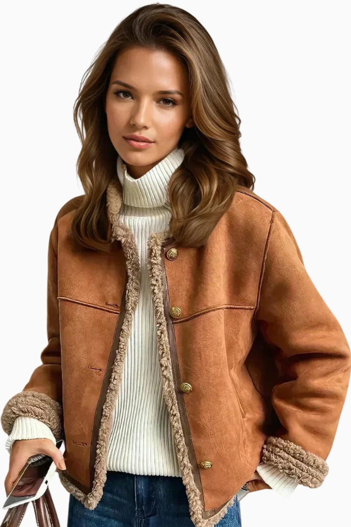 Scarlett | Women's Relaxed-Fit Faux Shearling Button-Front Cropped Jacket