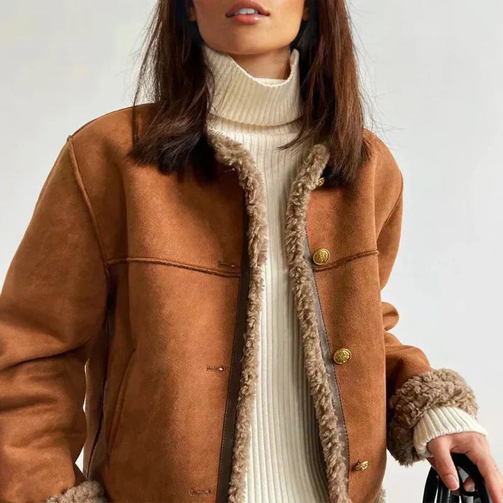 Scarlett | Women's Relaxed-Fit Faux Shearling Button-Front Cropped Jacket