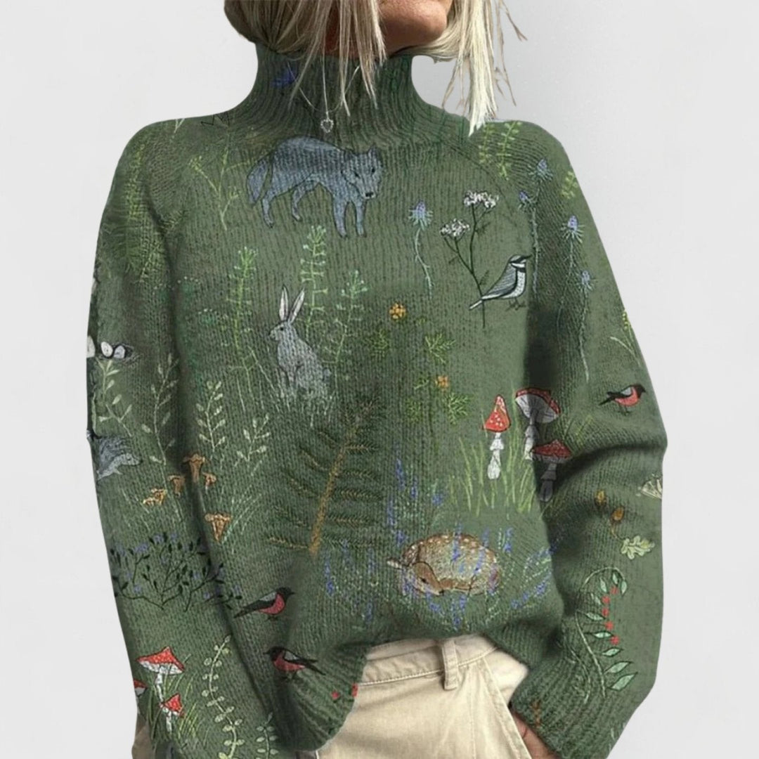 Olivia | Women's Relaxed-Fit Floral Print Turtleneck Knit Jumper