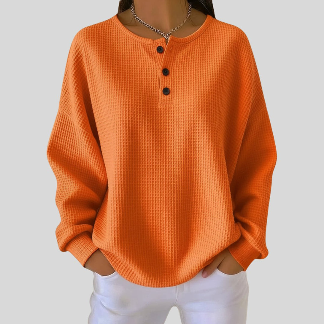 Isla | Women's Relaxed Waffle Knit Sweater Henley Long Sleeve Top