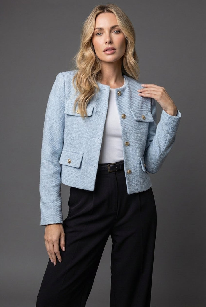 Ella | Women's Tweed Round Neck Cropped Button Blazer Jacket