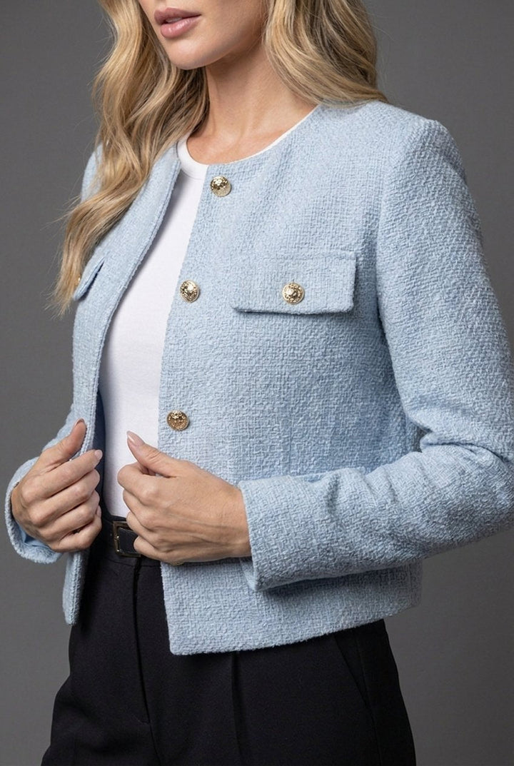 Ella | Women's Tweed Round Neck Cropped Button Blazer Jacket
